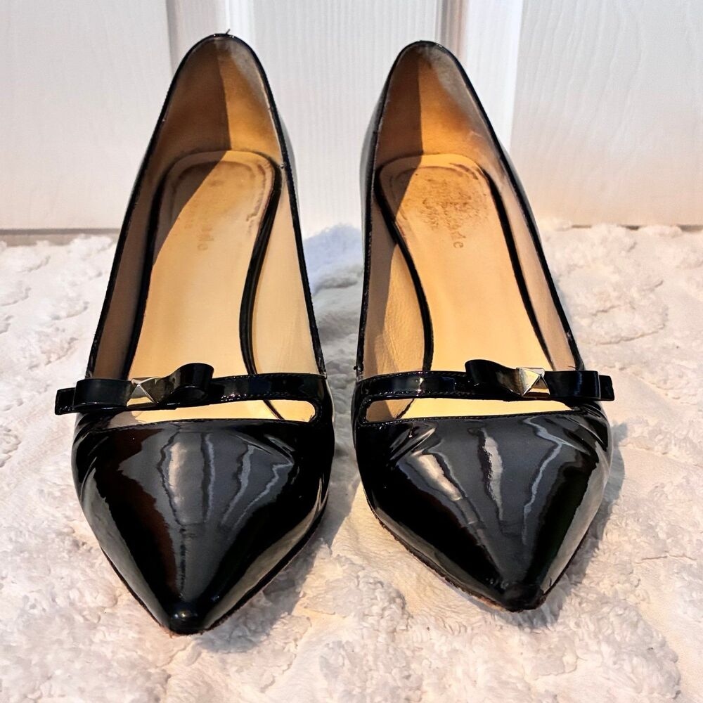 Kate Spade New York Patent Leather Bow Heels Shoes Size 7.5 Black Made in Italy